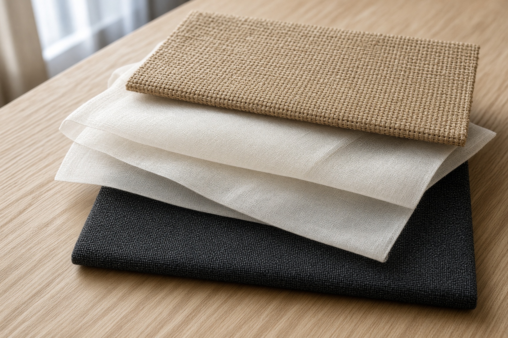 Shade fabric samples on oak